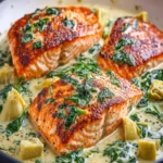 One-Skillet Salmon with Creamy Spinach Artichoke Sauce First Image First Image