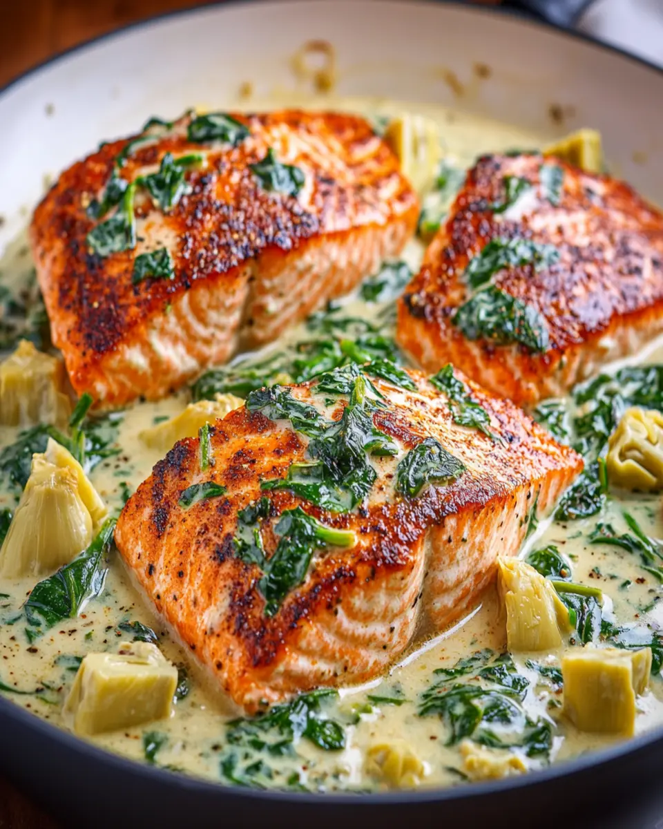 One-Skillet Salmon: Indulgent Creamy Spinach Artichoke Bliss